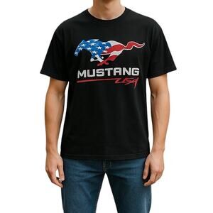 American Flag Ford Mustang Pony USA Black Short Sleeve Graphic T-shirt Size XL